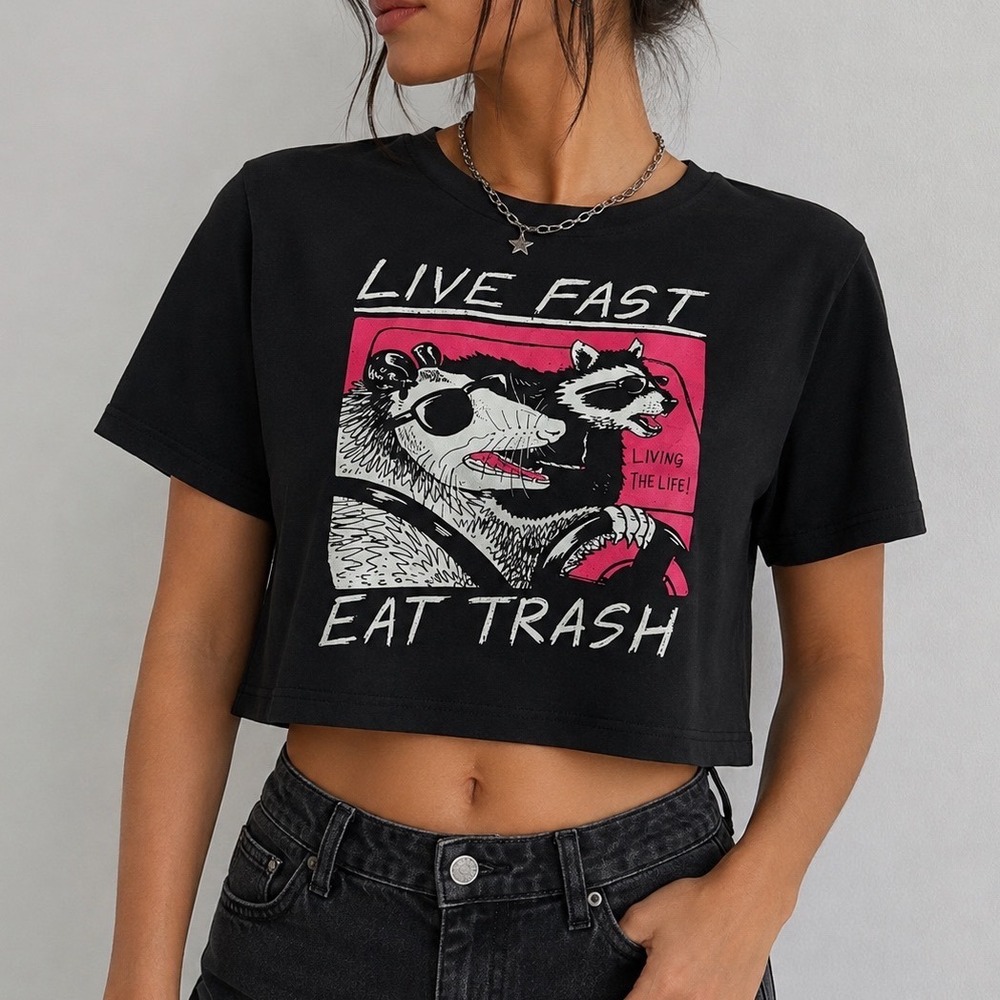 Live Fast Eat Trash Raccoon Graphic Crop Top M Black Y2K Grunge Indie Sleeze